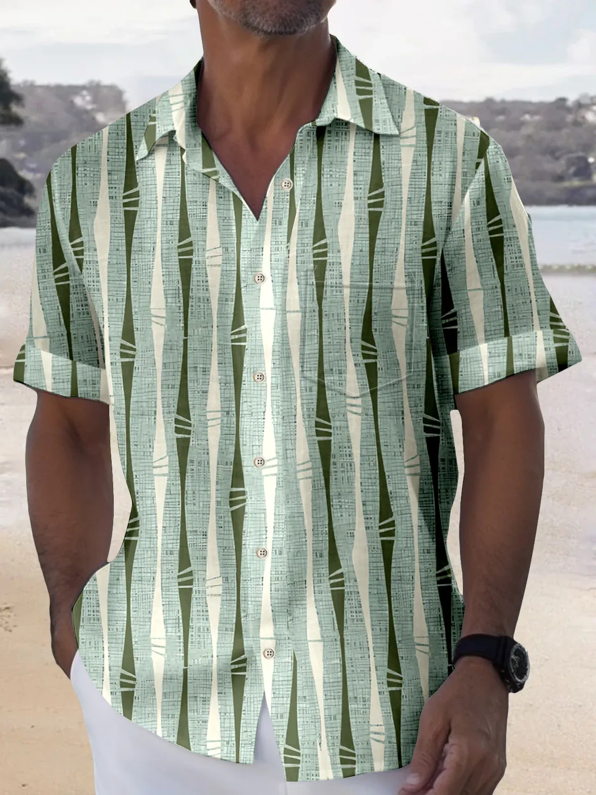 Men's casual striped retro printed lapel short sleeved pocket shirt