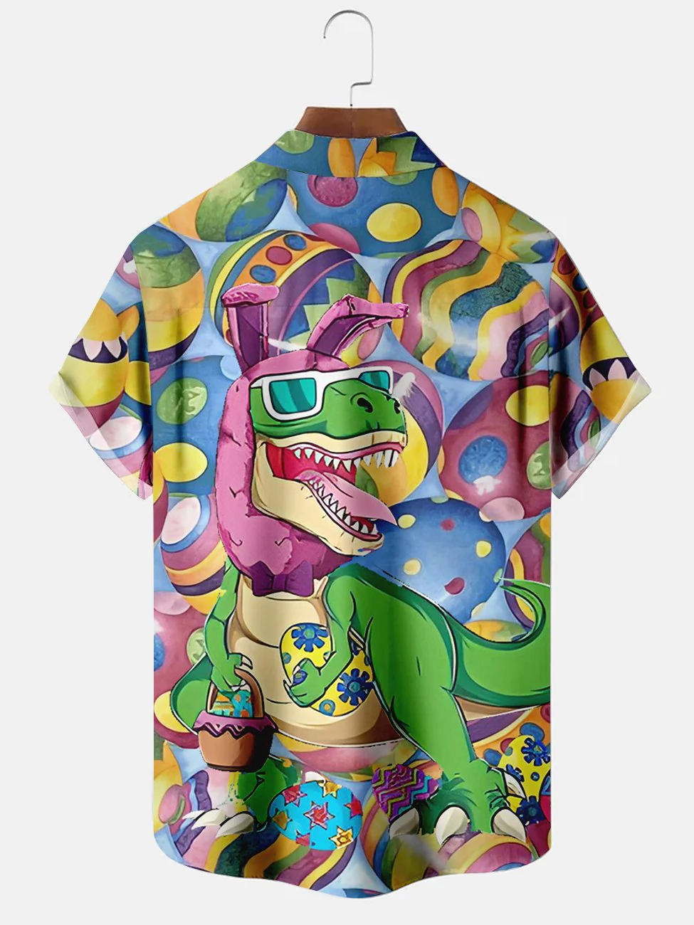 Men's Fun Easter Egg Dinosaur Print Lapel Pocket Short Sleeve Shirt