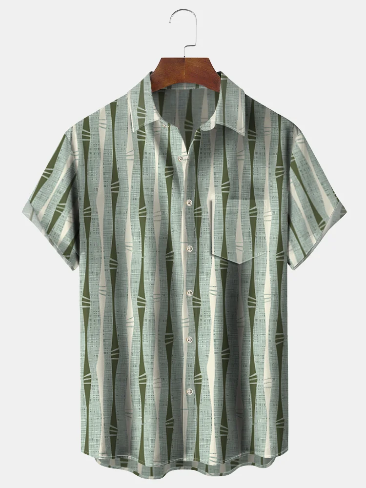 Men's casual striped retro printed lapel short sleeved pocket shirt
