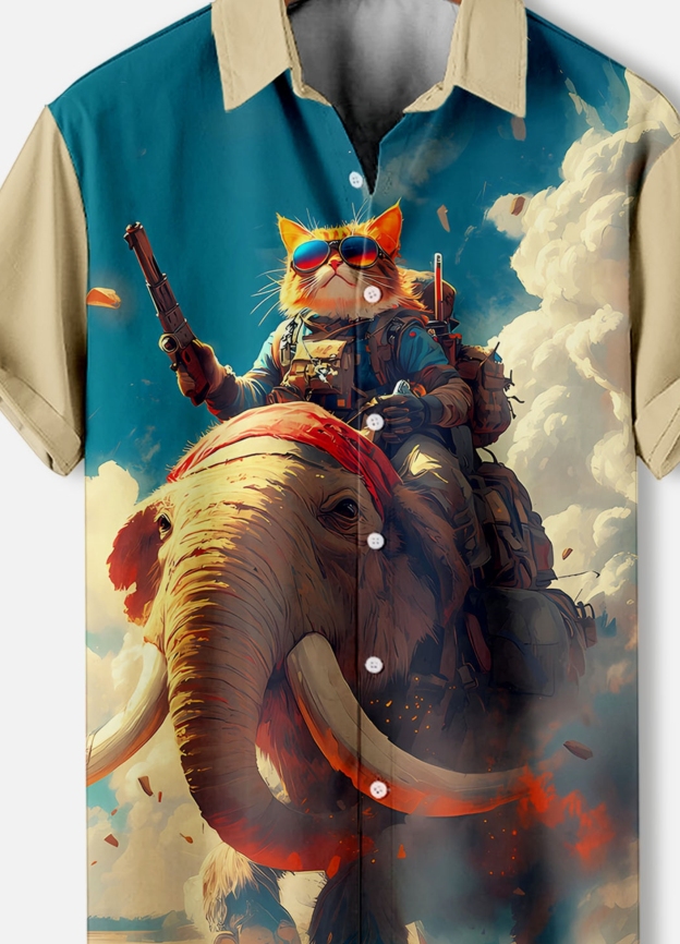 Men's Retro Cartoon Anime Cat Theme Short Sleeve Shirt