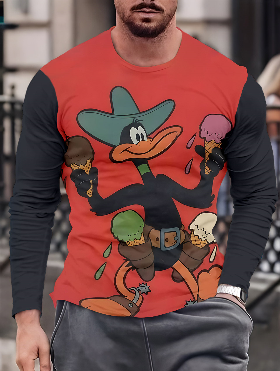 Men's Casual Cartoon Graphic Long Sleeve T-Shirt