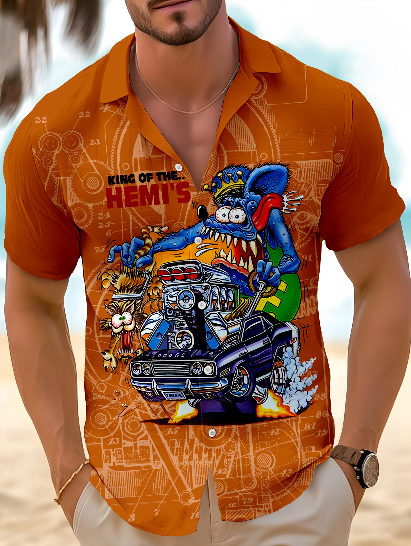Men's retro cartoon car graphic illustration short sleeve cuban collar shirt
