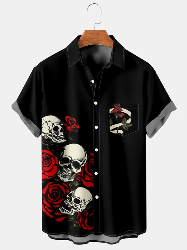 Men's casual rose skull printed short sleeved pocket shirt