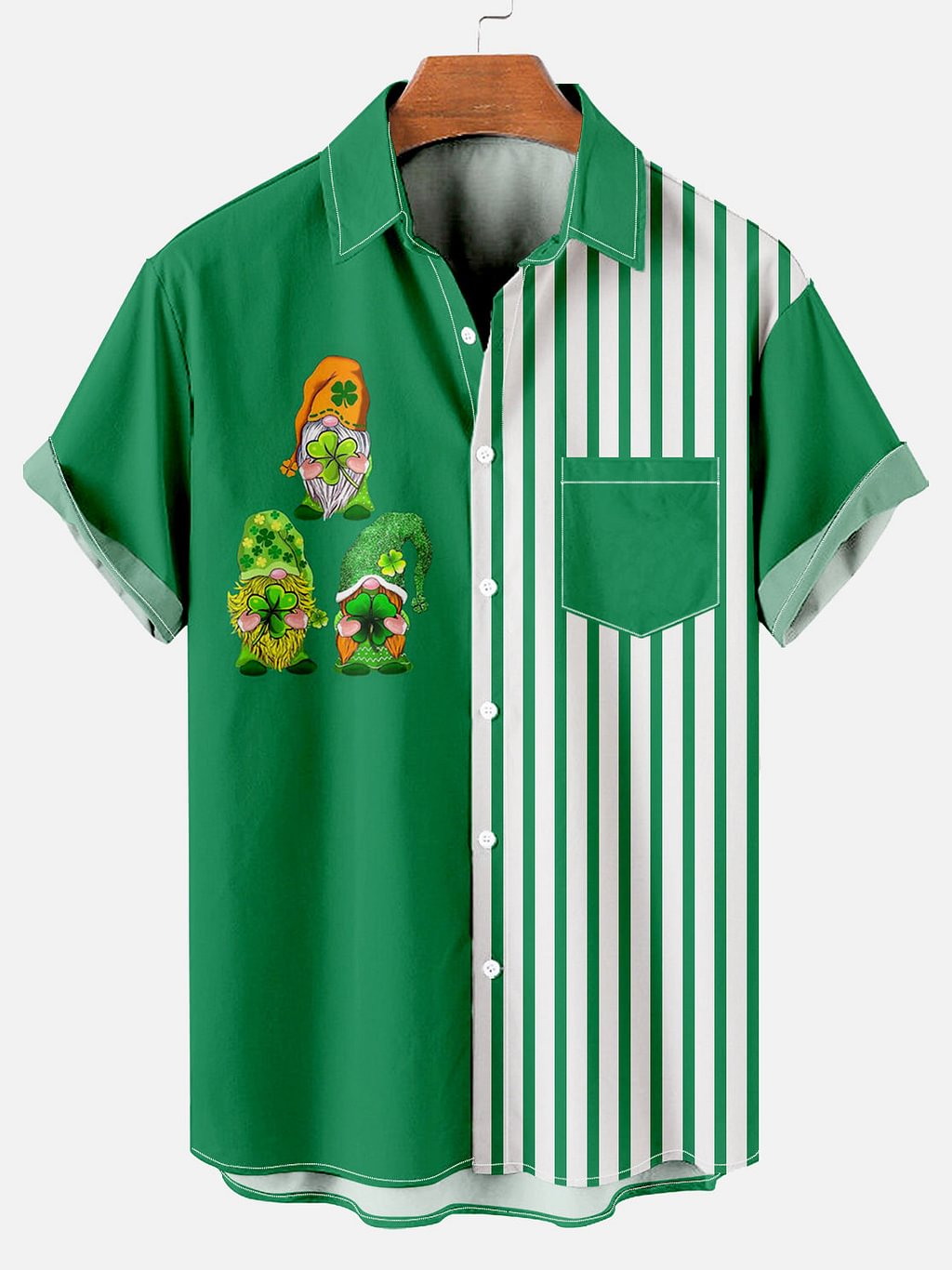 Men's St. Patrick's Day Clover Elf Dwarf Print Lapel Short Sleeve Pocket Shirt