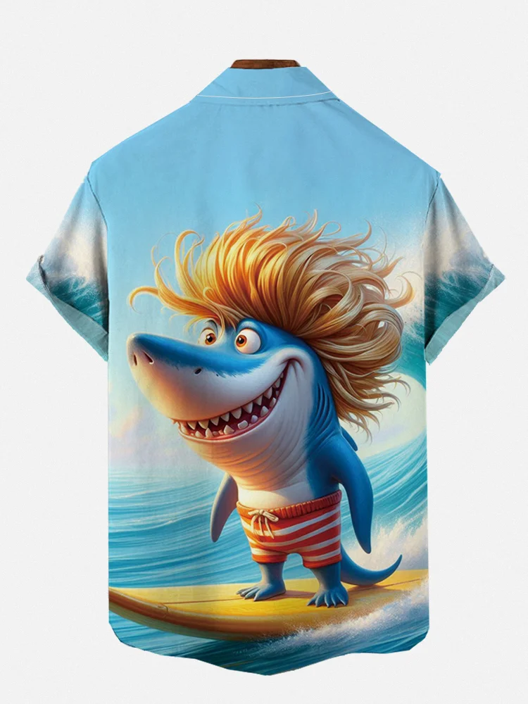 Hawaii Fun Shark Beach Surf Holiday Casual Short Sleeve Shirt
