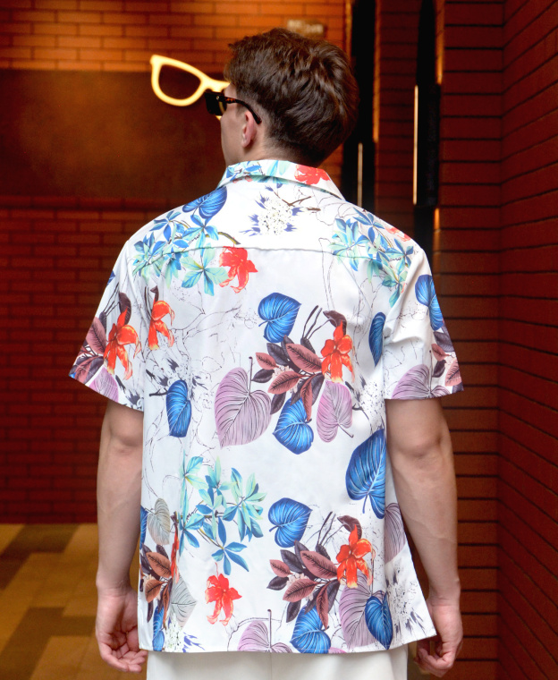 Men's Hawaiian Floral Print Short Sleeve Button Down Shirt, Tropical Leaves Pattern, White