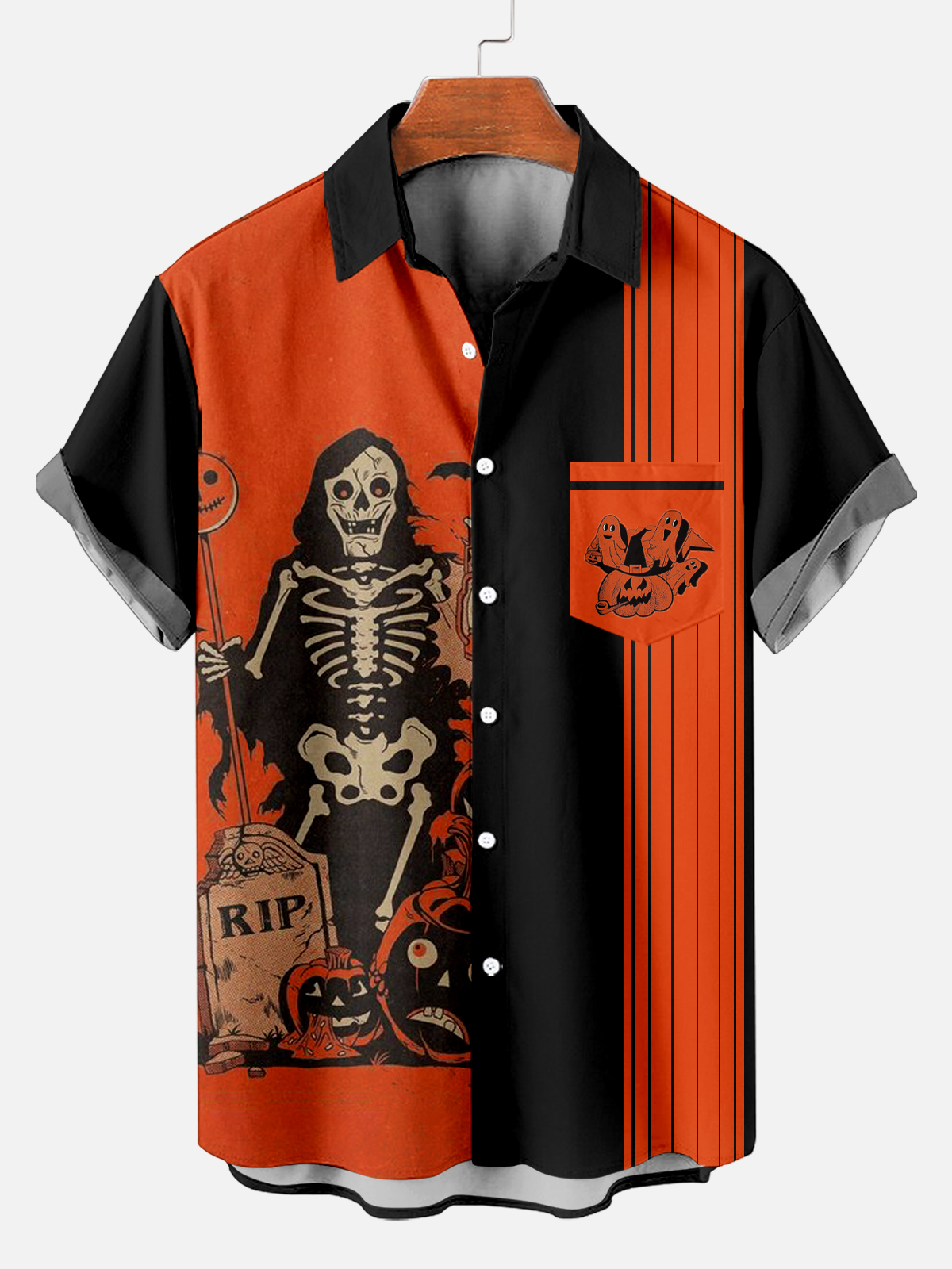 Men's Classic Striped Halloween Print Short Sleeve Shirt