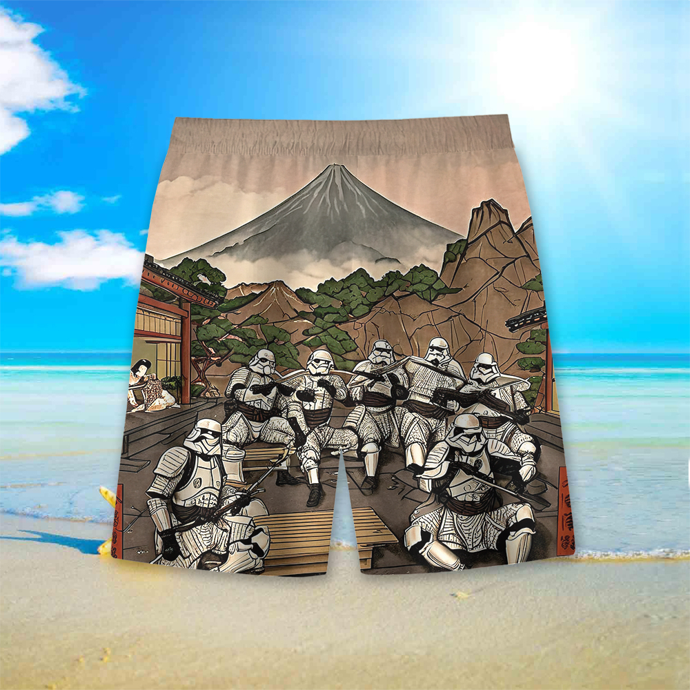 Men's Cartoon Space Wars Printed Pocket Beach Shorts