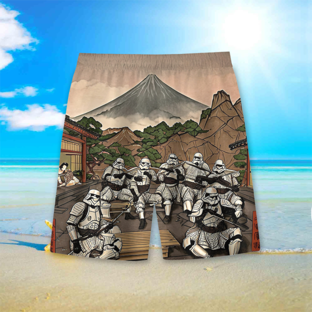 Men's Cartoon Space Wars Printed Pocket Beach Shorts