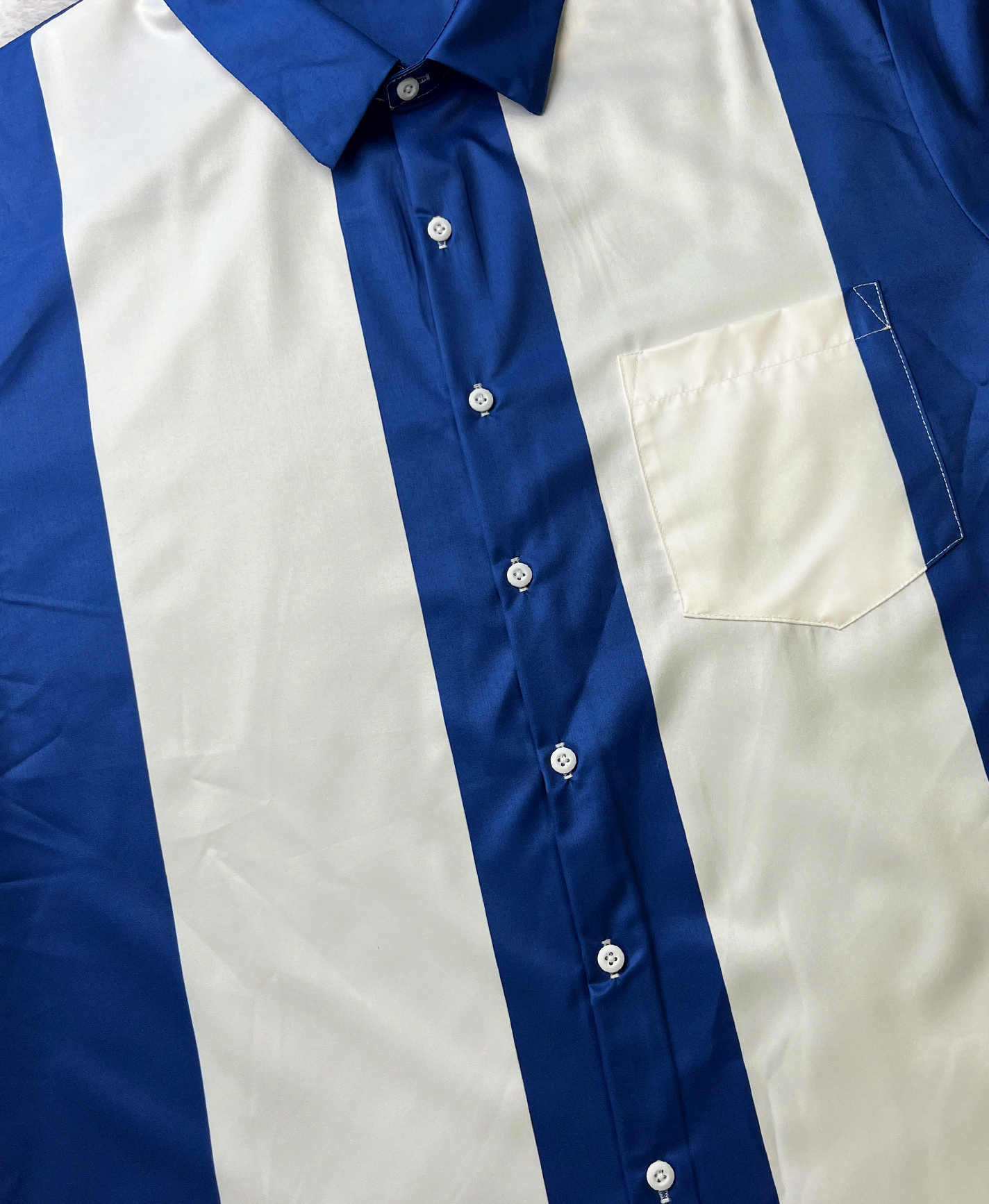 Men's Short Sleeve Button Down Shirt, Color Block Design, Blue and White