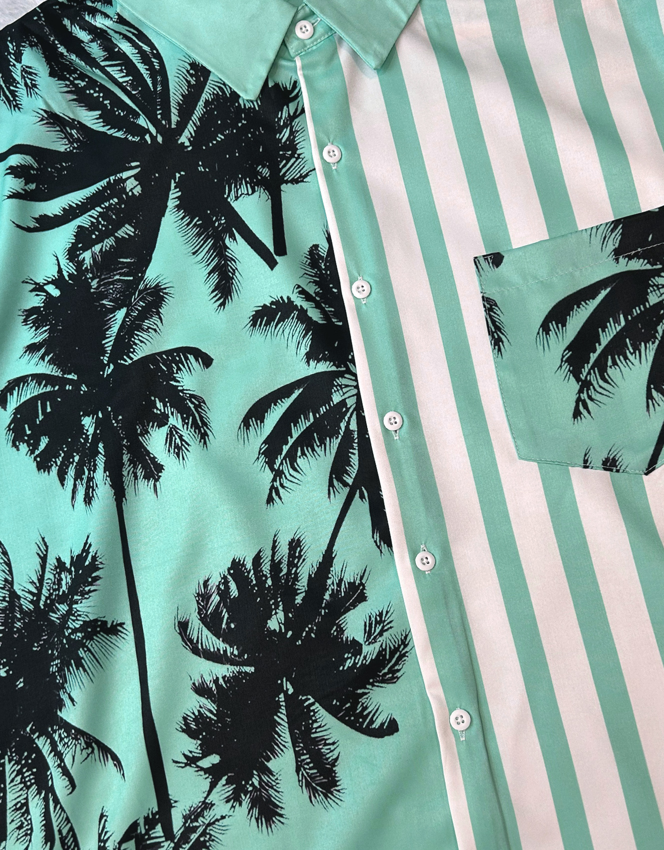 Men's Hawaiian Shirt, Palm Tree Print, Striped Design, Short Sleeve Button Down, Mint Green