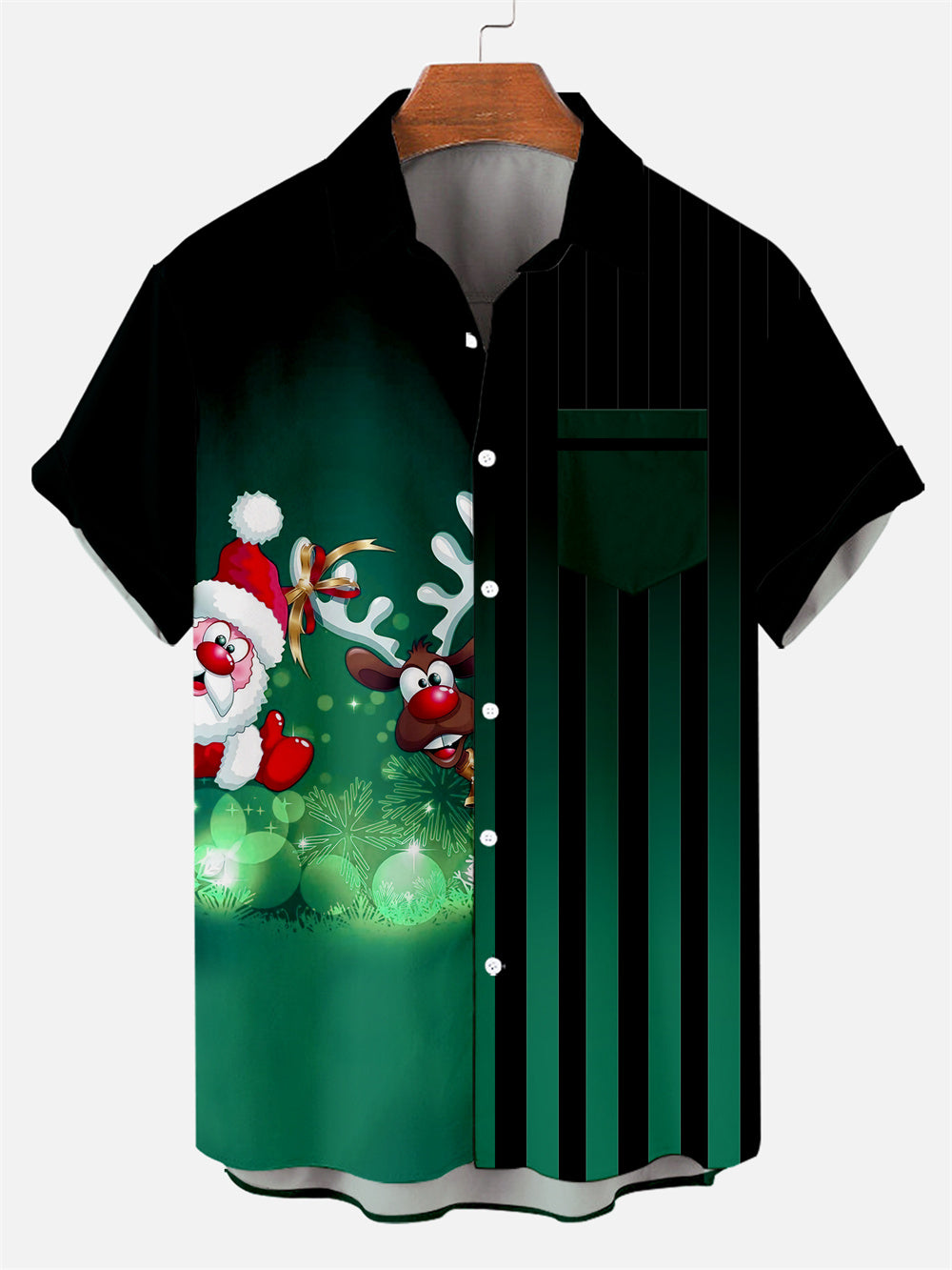 Men's Christmas Creative Pattern Striped Short Sleeve Shirt with Pockets