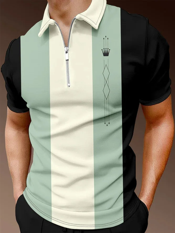 Men's Casual Art Graphic Short Sleeve Zip Polo Shirt