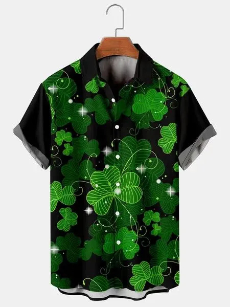 Men's Large Size Simple St. Patrick's Day Four-leaf Clover Shirt With 