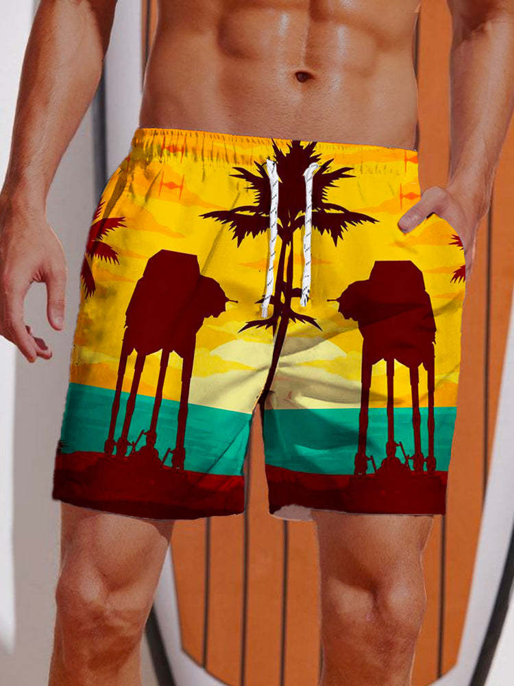 Beach Sunset Coconut Trees And Armored Walker Hawaiian Printing Shorts
