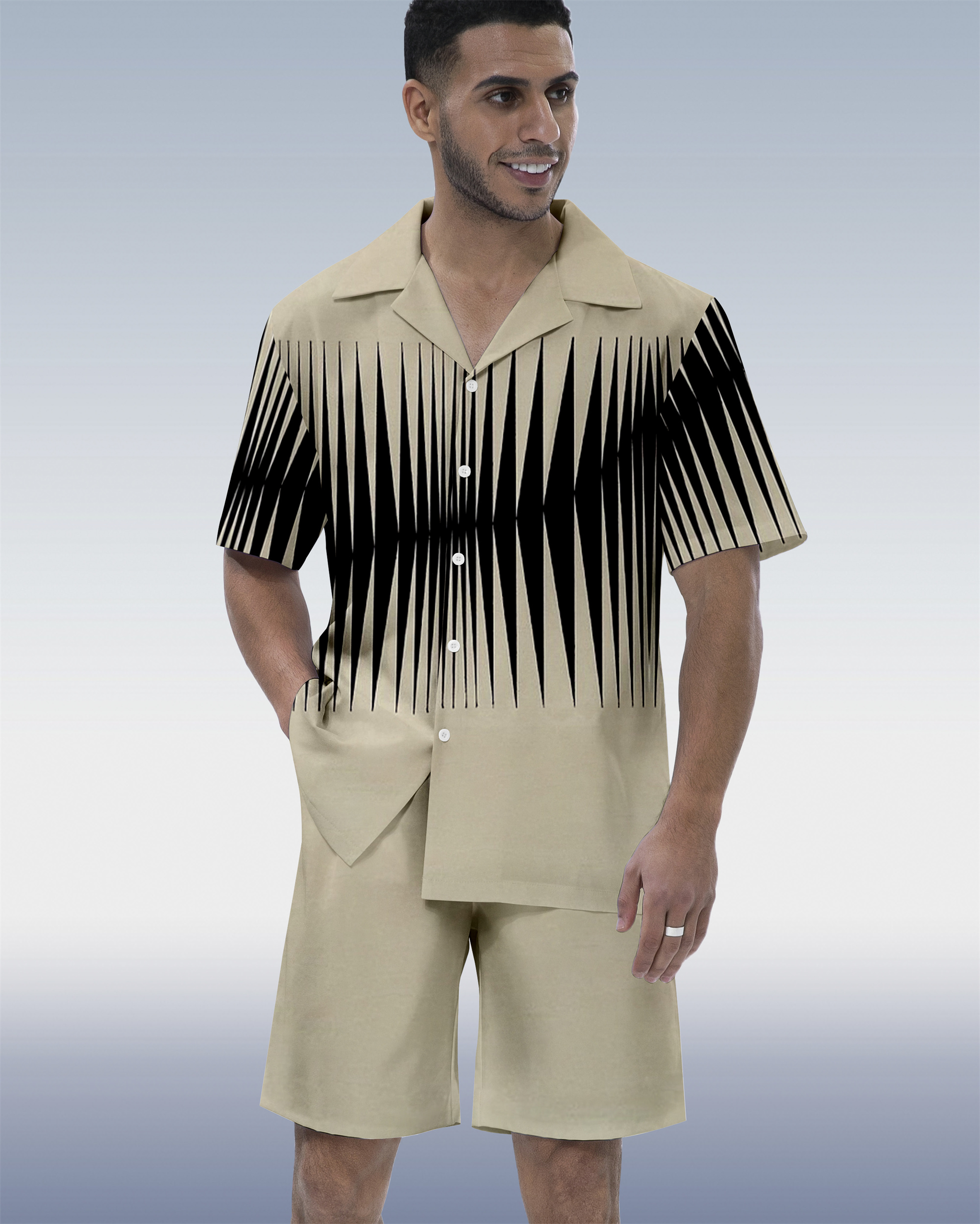 Men's Colorblock Geometric Hawaiian Cuban Collar Short Sleeve Shirt Set