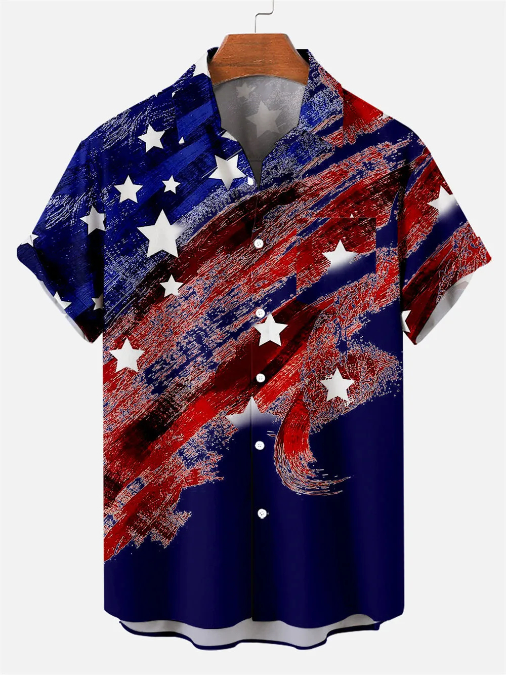 Men's Creative Hand Drawn American Flag Day Pattern Short Sleeve Shirt