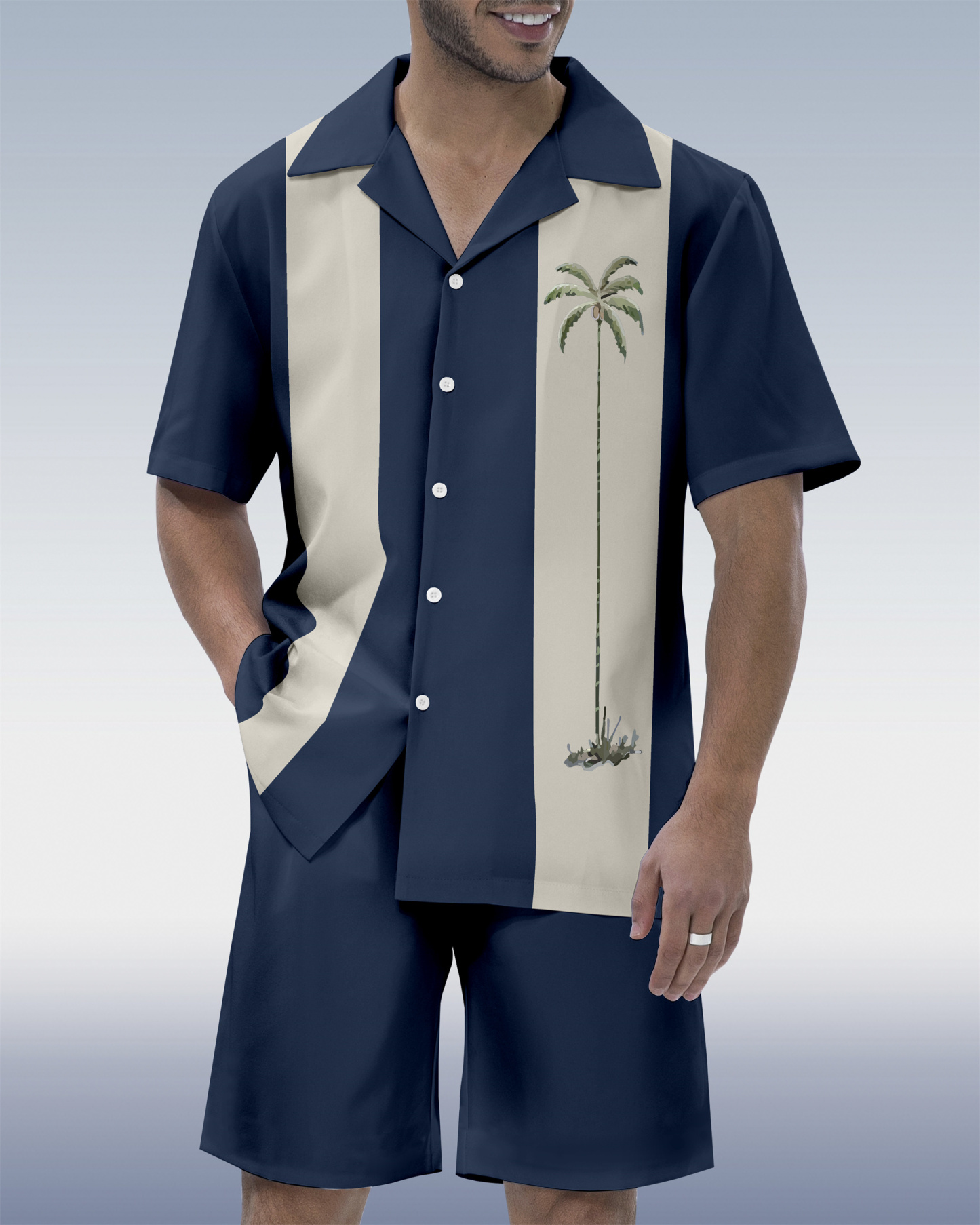 Men's Hawaiian Tiki Party Print Cuban Collar Short Sleeve Shirt Set