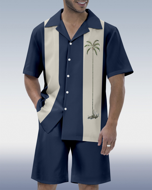 Men's Hawaiian Tiki Party Print Cuban Collar Short Sleeve Shirt Set