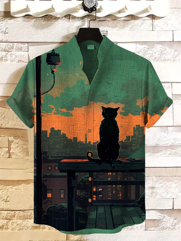 Men's Sunset Cat Theme Retro Cartoon Shirt