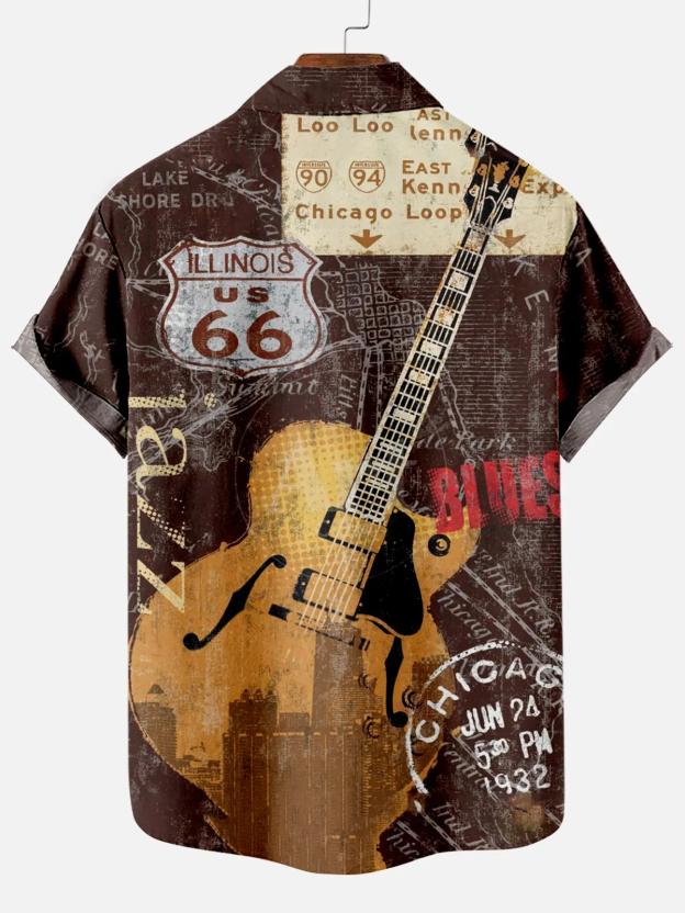 Men's Vintage Guitar Print Short Sleeve Shirt