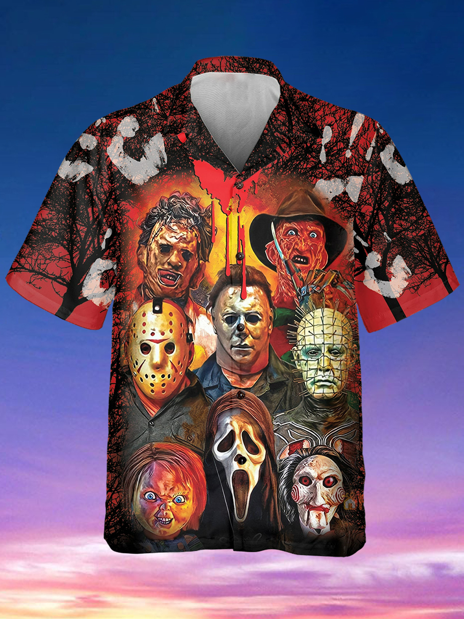 Halloween Horror Movie Character Print Short Sleeve Cuban Collar Shirt