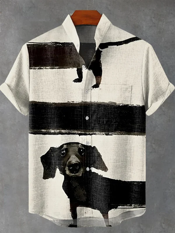 Men's Funny Black Dachshund Dog Print Casual Linen Blend Shirt