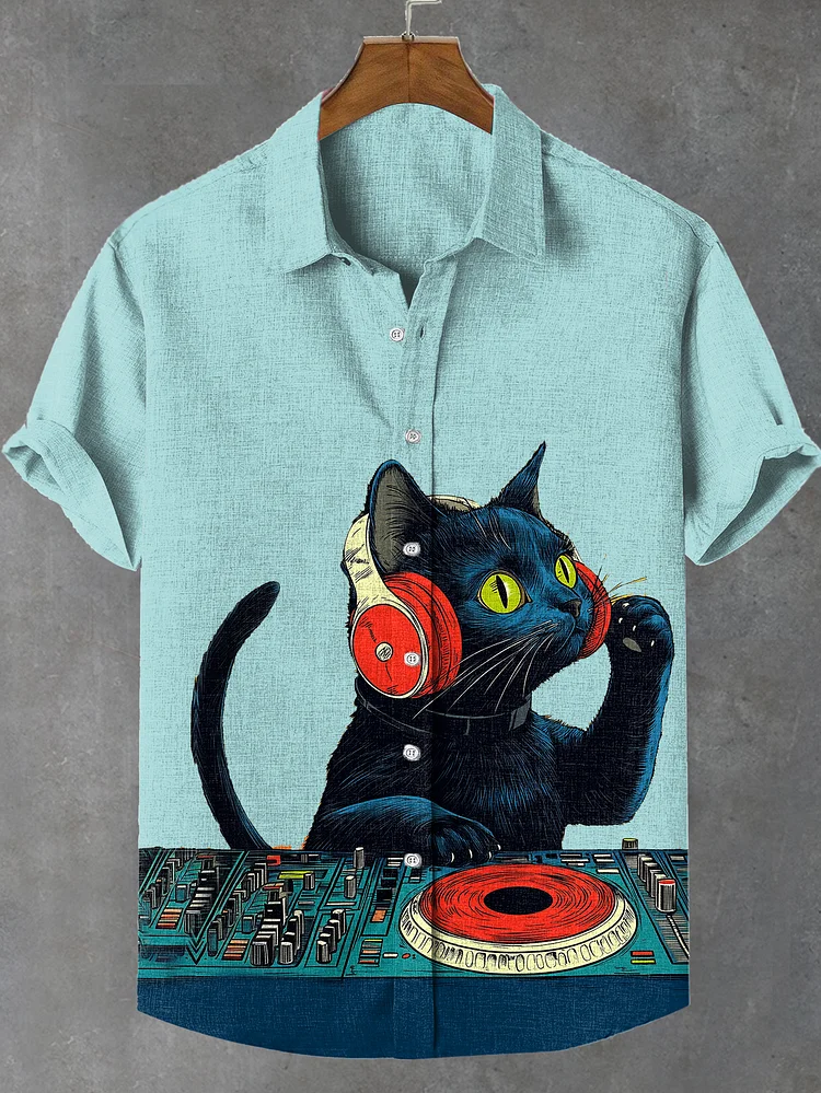 Men's Retro Cartoon Anime Cat Theme Short Sleeve Shirt