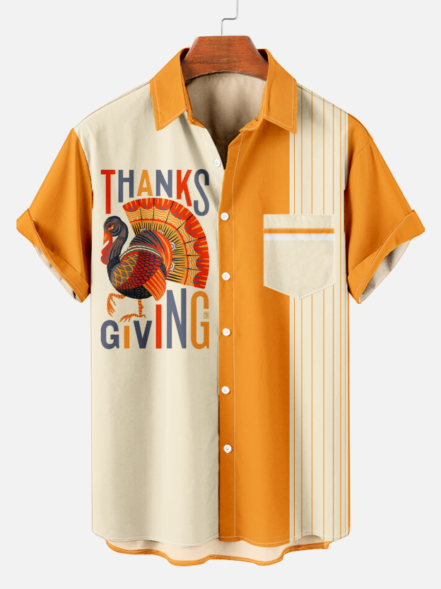 Men's Classic Vintage Thanksgiving Logo Stripe Print Pocket Shirt