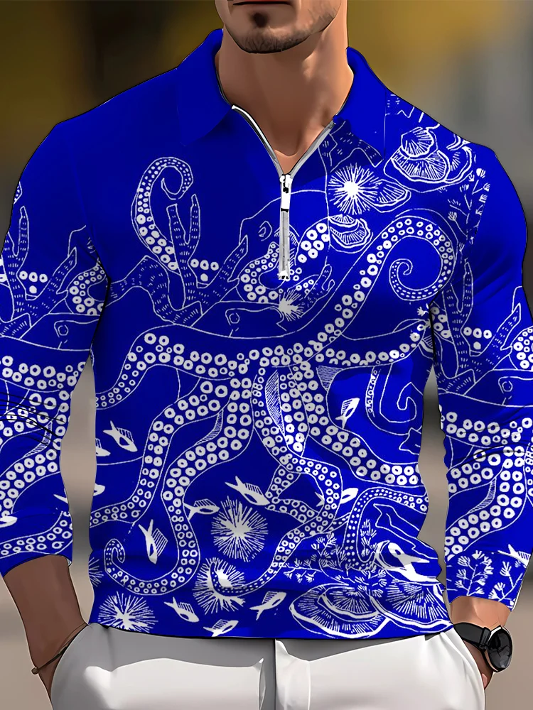 Men's casual art graphic zip long sleeve polo shirt
