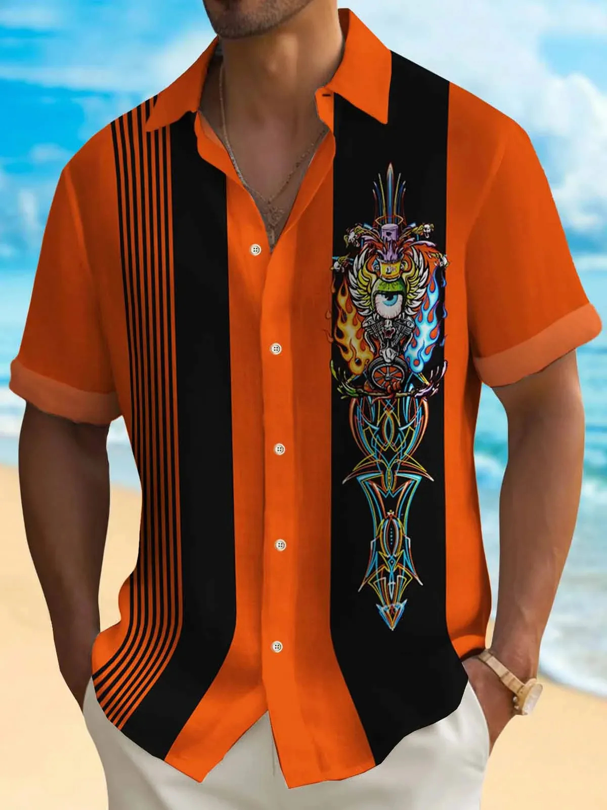 50's Retro Pinstripe Car Cartoon Bowling Short Sleeve Shirt