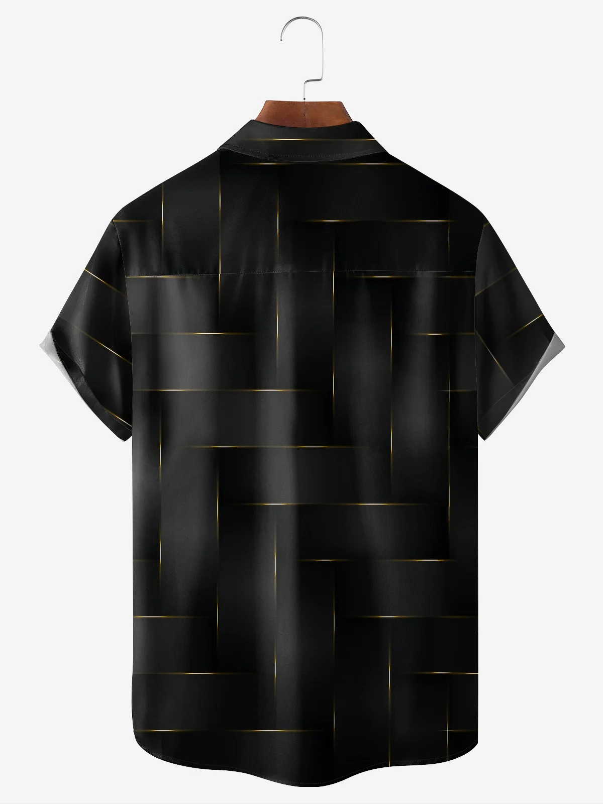 Men's casual black and gold striped geometric pattern pocket short sleeved shirt