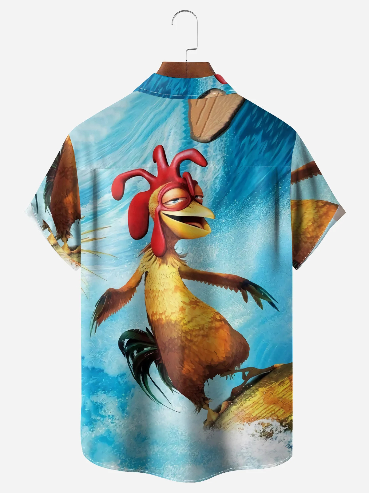 Men's fun casual cartoon surfing rooster short sleeved pocket shirt