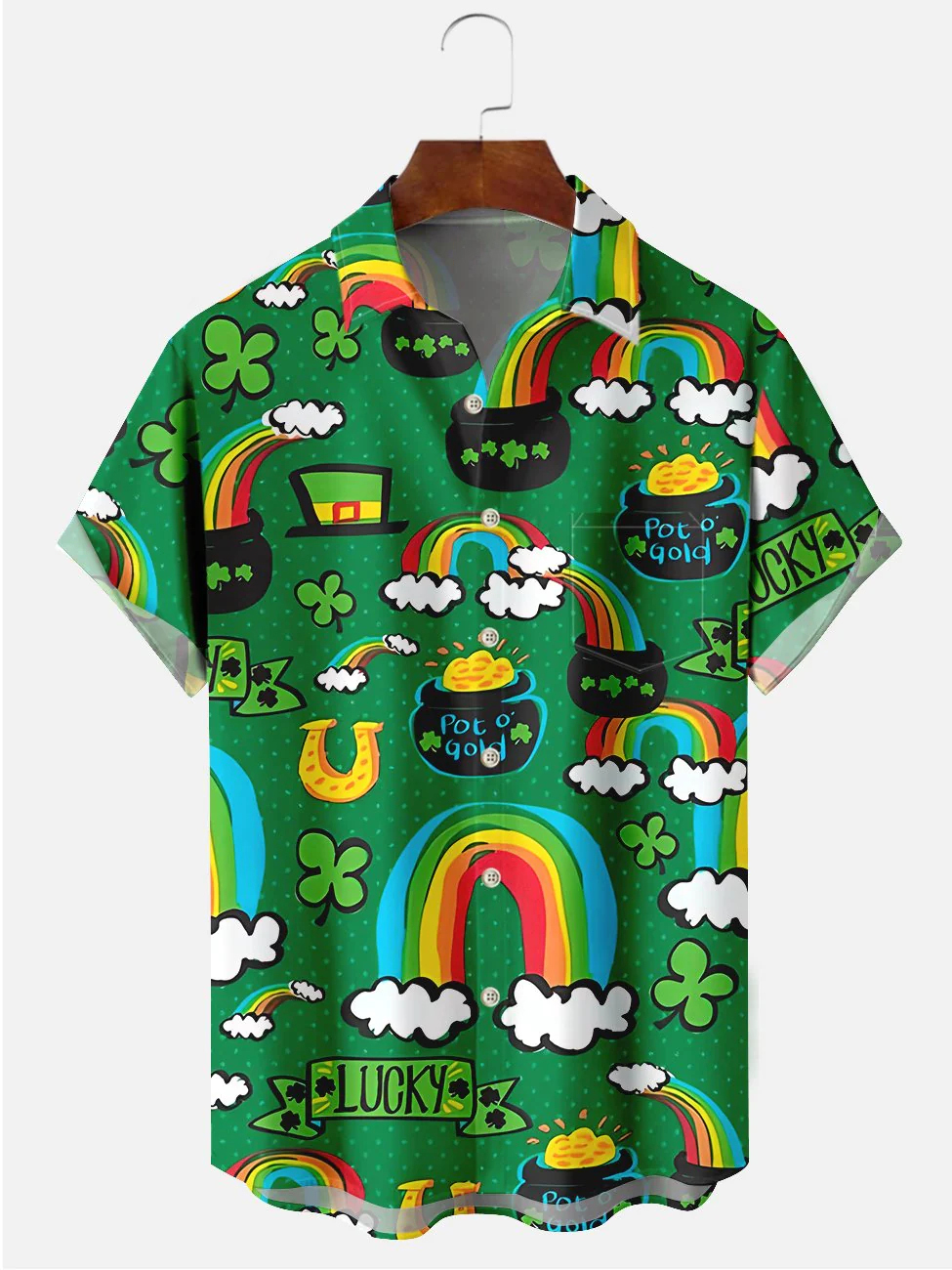 Men's St. Patrick's Day cartoon rainbow gold jar print casual short sleeved pocket shirt