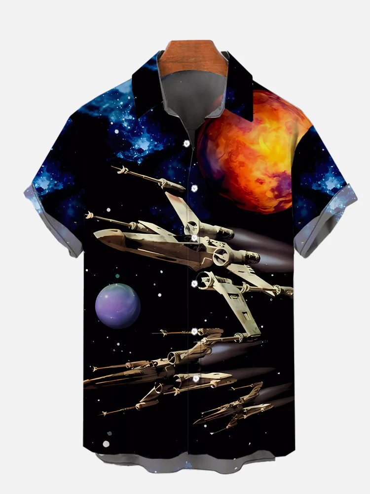 Men's sci-fi cool spaceship lapel short sleeved shirt