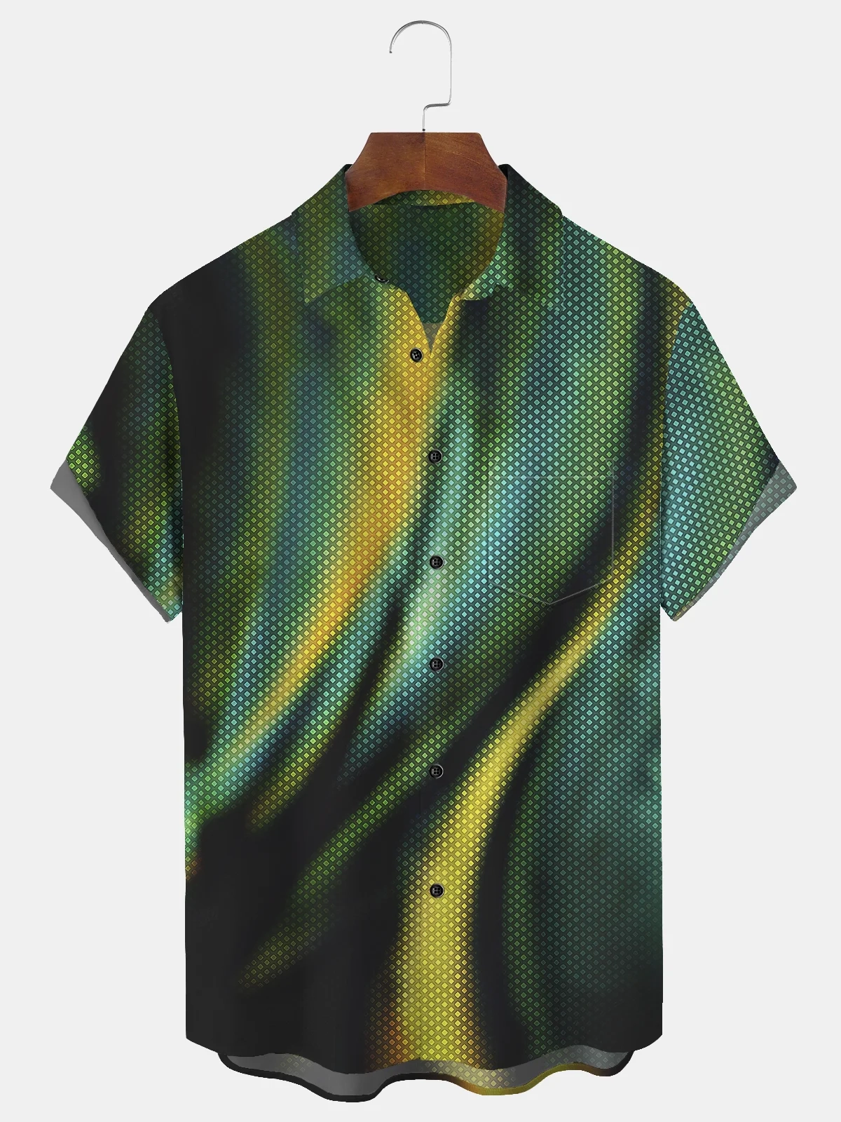 Men's casual gradient particle print collar short sleeved pocket shirt