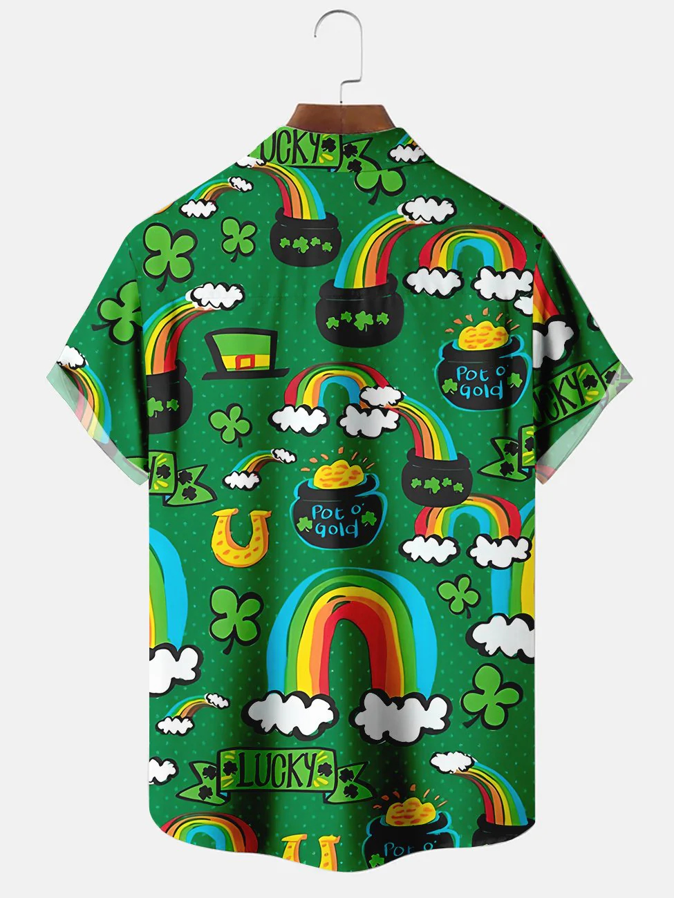 Men's St. Patrick's Day cartoon rainbow gold jar print casual short sleeved pocket shirt