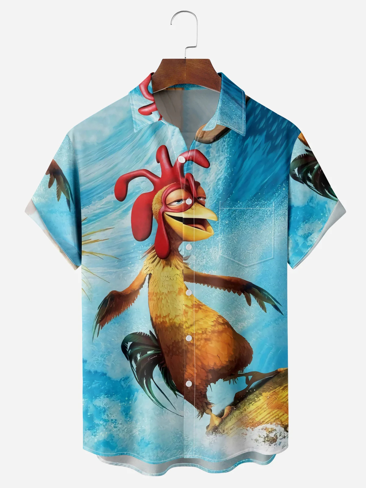 Men's fun casual cartoon surfing rooster short sleeved pocket shirt