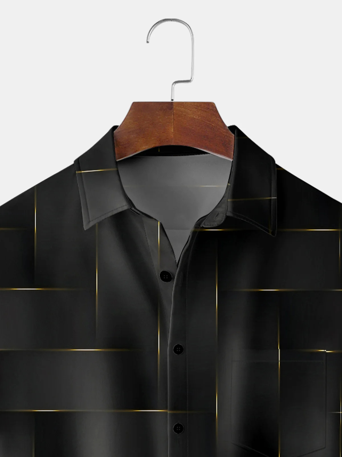 Men's casual black and gold striped geometric pattern pocket short sleeved shirt