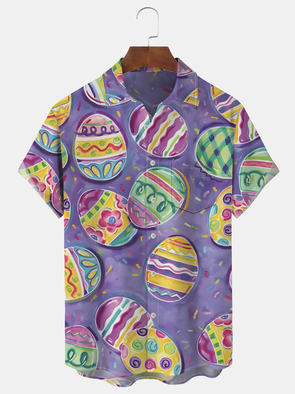 Men's Easter egg print pocket flip collar holiday shirt