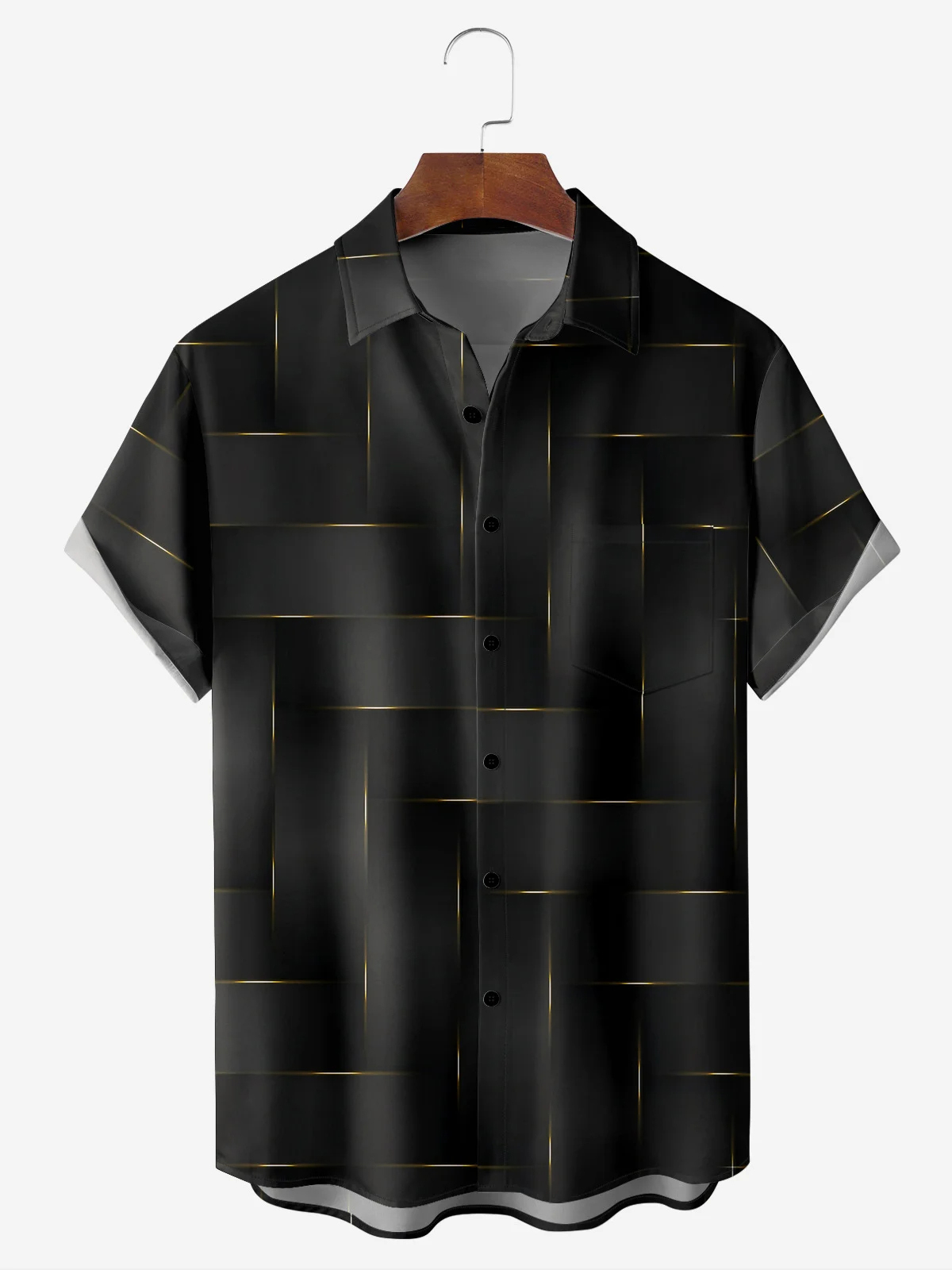 Men's casual black and gold striped geometric pattern pocket short sleeved shirt