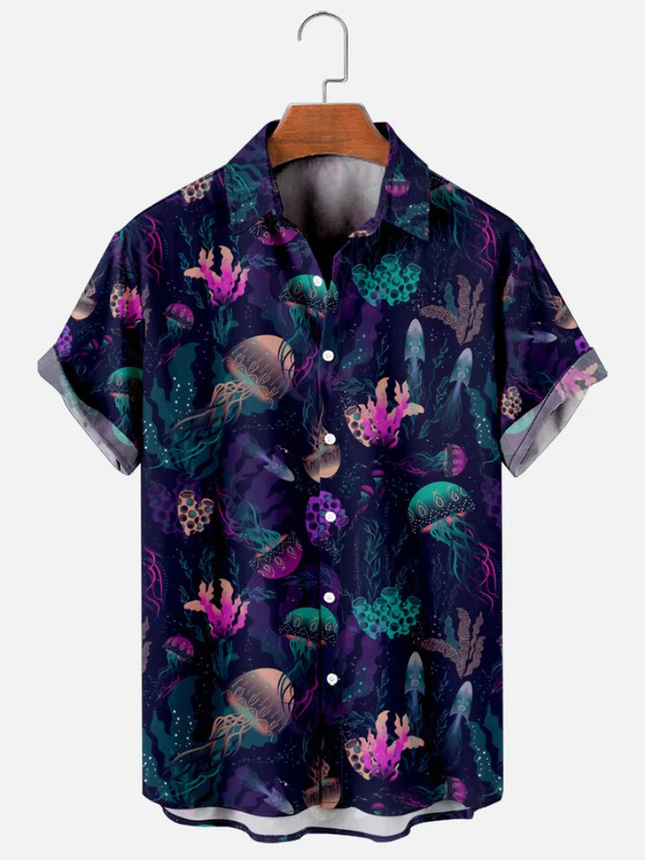 Men's Casual Sea Life Jellyfish Graphic Short Sleeve Shirt