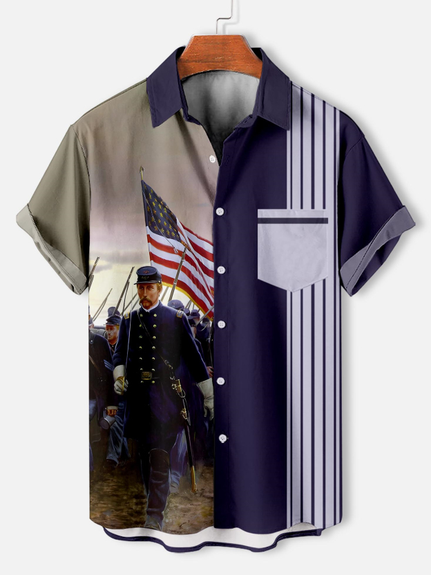 Men's retro illustration short sleeve shirt