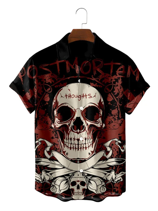 Men's casual horror skull print short sleeved pocket shirt