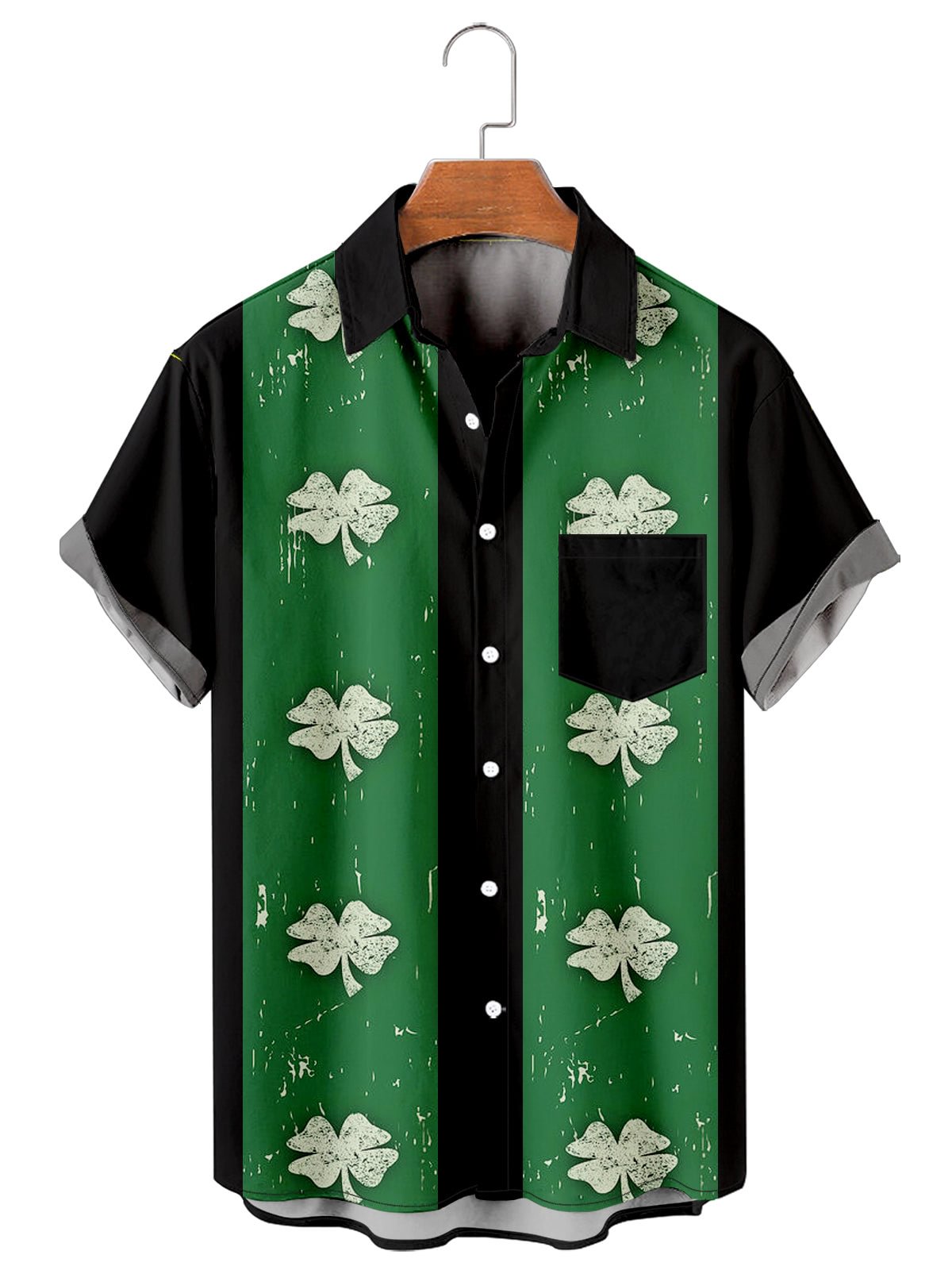 Men's St. Patrick's Day four leaf clover striped printed lapel short sleeved pocket shirt