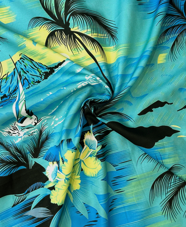 Men's Hawaiian Tropical Beach Print Button Down Shirt, Short Sleeve, Blue and Green Palm Trees