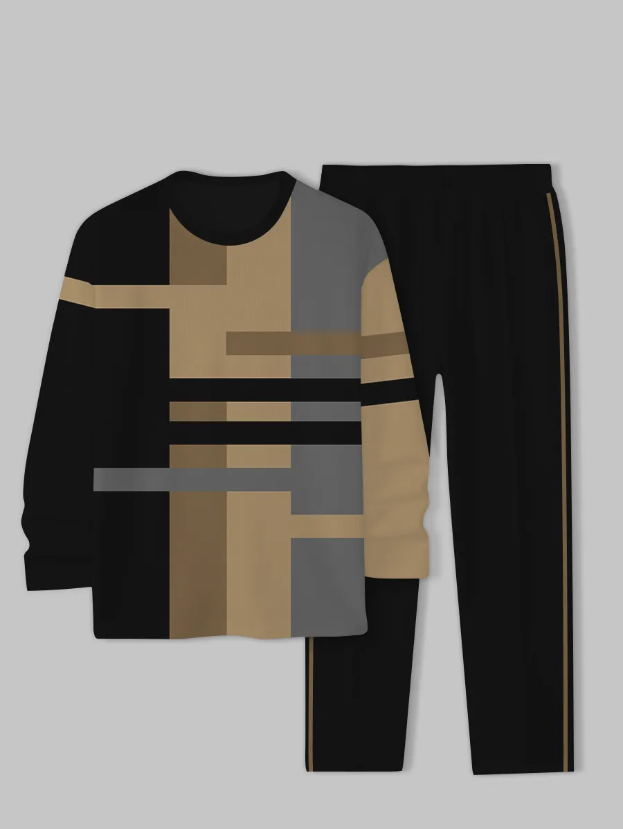 Men's Simple Colorblock Round Neck Casual Sports Set 0136