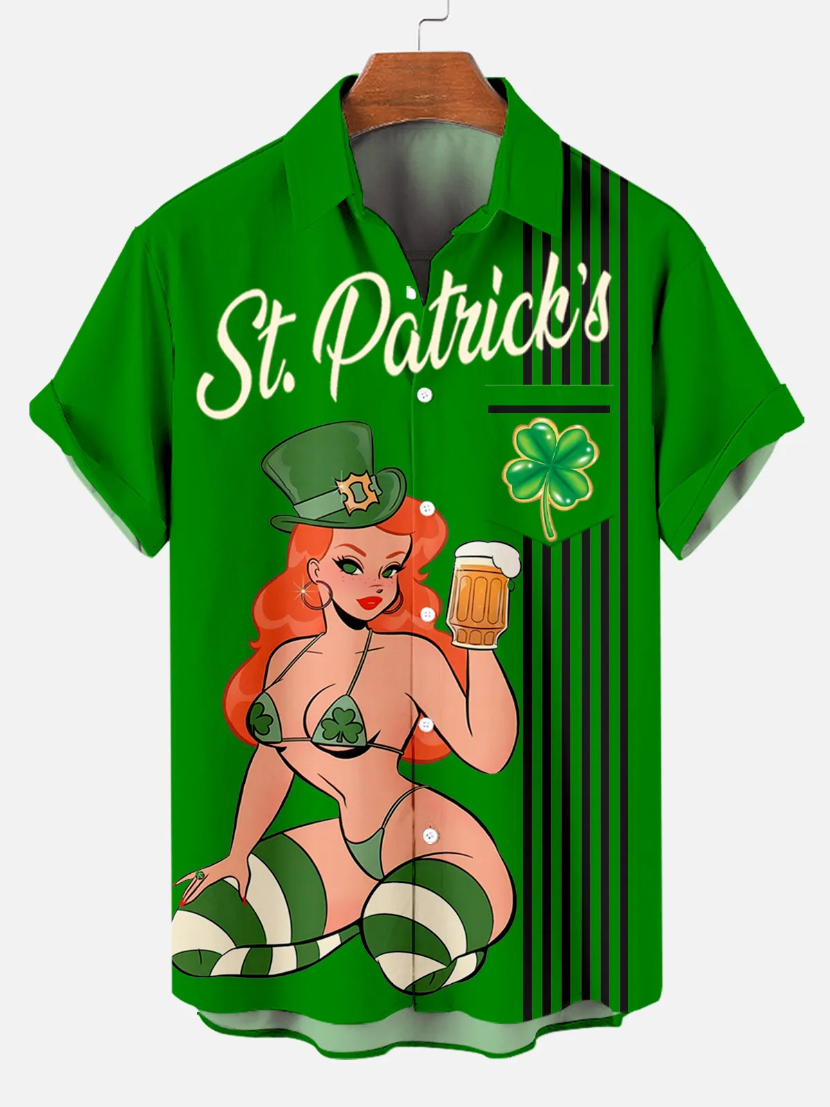 Men's St. Patrick's Day Beauty Print Striped Contrast Short Sleeve Shi
