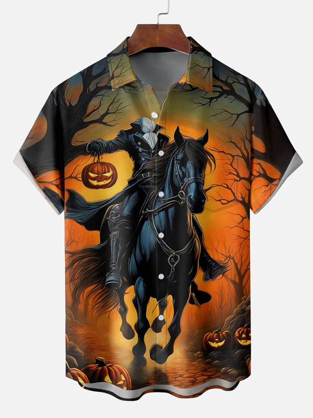Halloween Headless Horseman Art Illustration Chest Pocket Hawaiian Shi