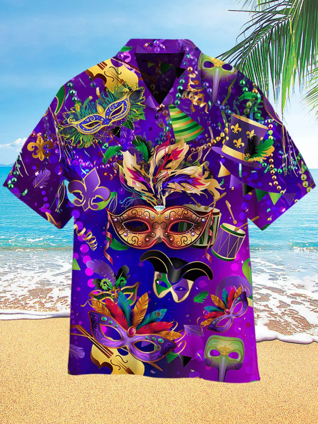 Happy Mardi Gras Mask Cool Graphic Print Holiday Hawaiian Short Sleeve
